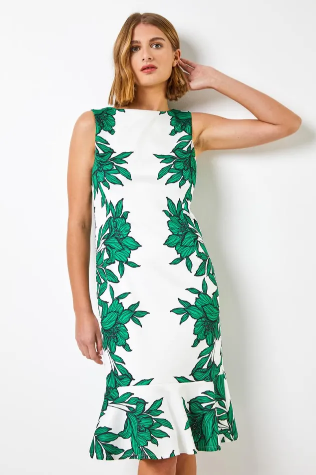 Green Floral Border Print Frill Stretch Dress Women Roman Dresses