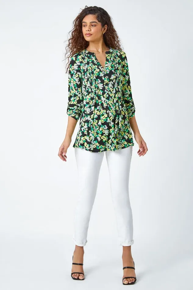 Green Floral Print VNeck Pintuck Stretch Top Women Roman Tops