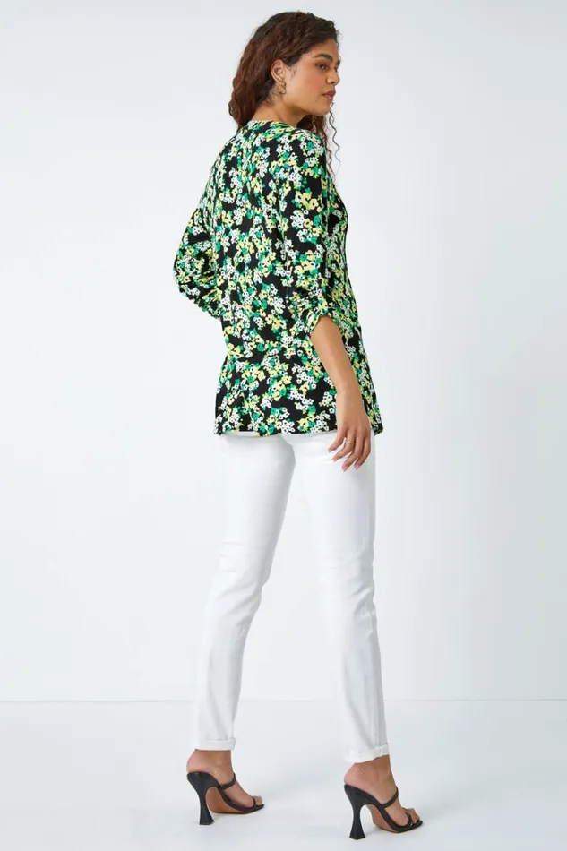 Green Floral Print VNeck Pintuck Stretch Top Women Roman Tops