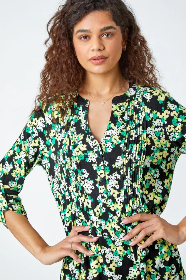 Green Floral Print VNeck Pintuck Stretch Top Women Roman Tops