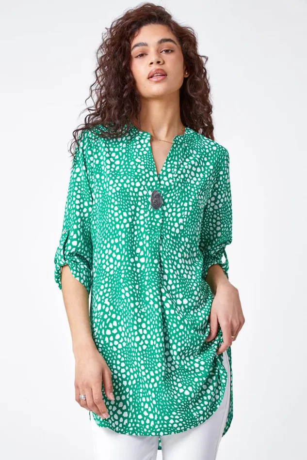 Green Longline Button Detail Spot Print Top Women Roman Tops