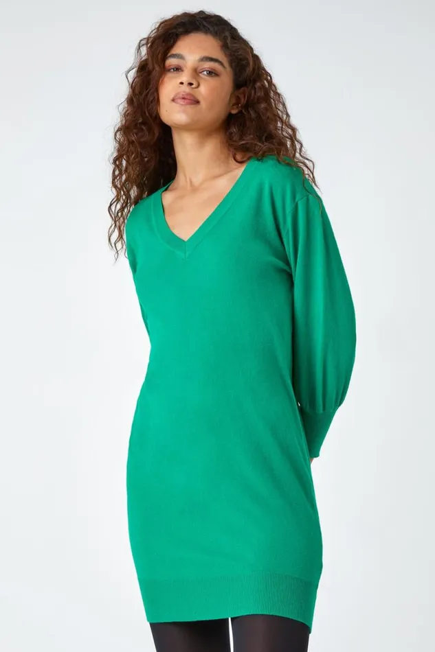 Green Longline Knitted Jumper Dress Women Roman Dresses