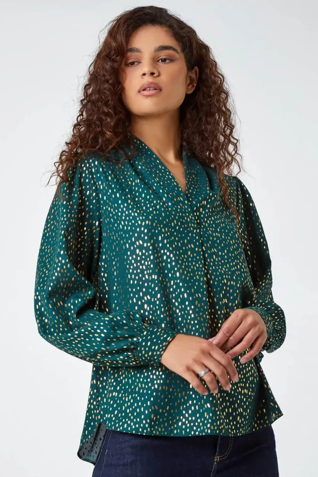 Green Metallic Spot Print VNeck Pleat Detail Top Women Roman Tops