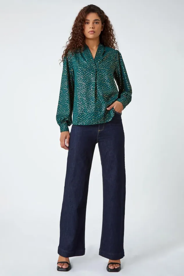 Green Metallic Spot Print VNeck Pleat Detail Top Women Roman Tops
