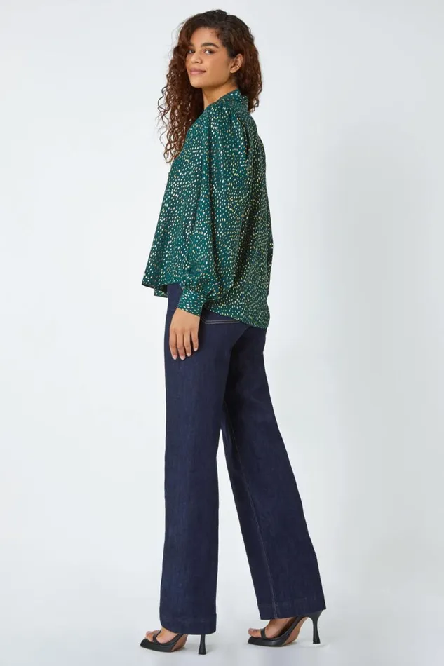 Green Metallic Spot Print VNeck Pleat Detail Top Women Roman Tops