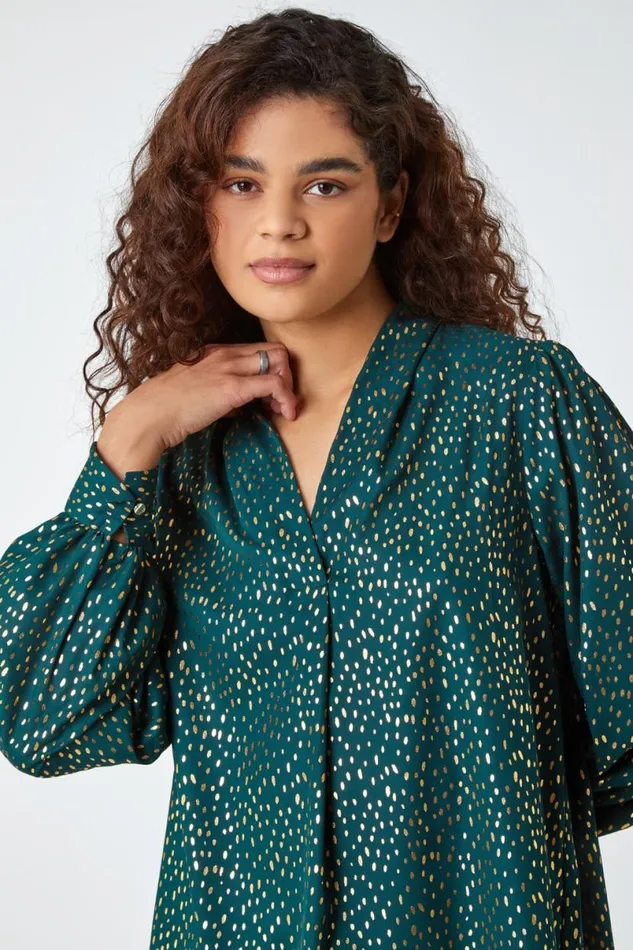 Green Metallic Spot Print VNeck Pleat Detail Top Women Roman Tops