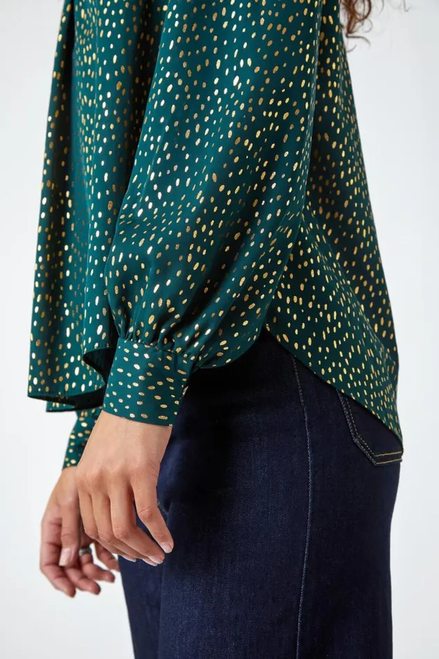 Green Metallic Spot Print VNeck Pleat Detail Top Women Roman Tops
