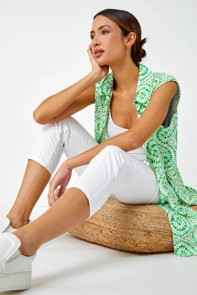 Green Mosaic Print Sleeveless Blouse Women Roman Tops