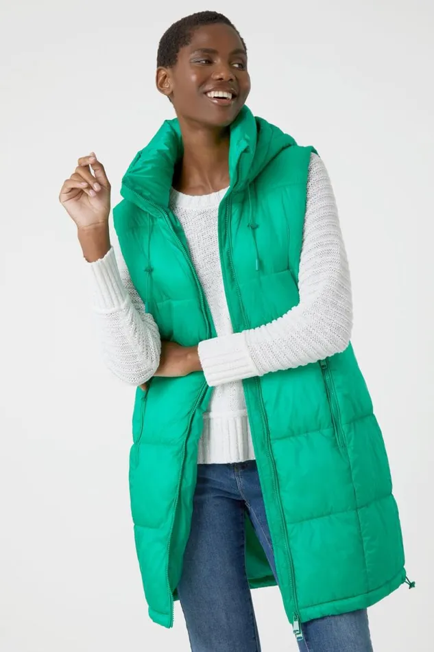 Green Padded Longline Hooded Gilet Women Roman Coats