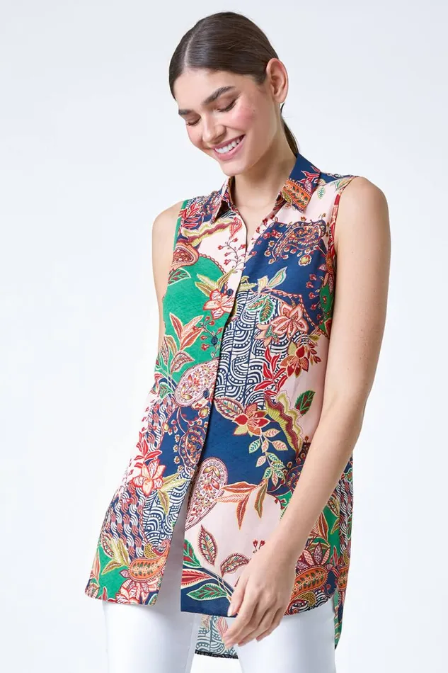 Green Paisley Floral Print Sleeveless Button Blouse Women Roman Tops