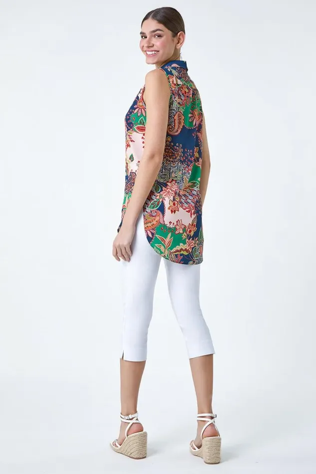 Green Paisley Floral Print Sleeveless Button Blouse Women Roman Tops