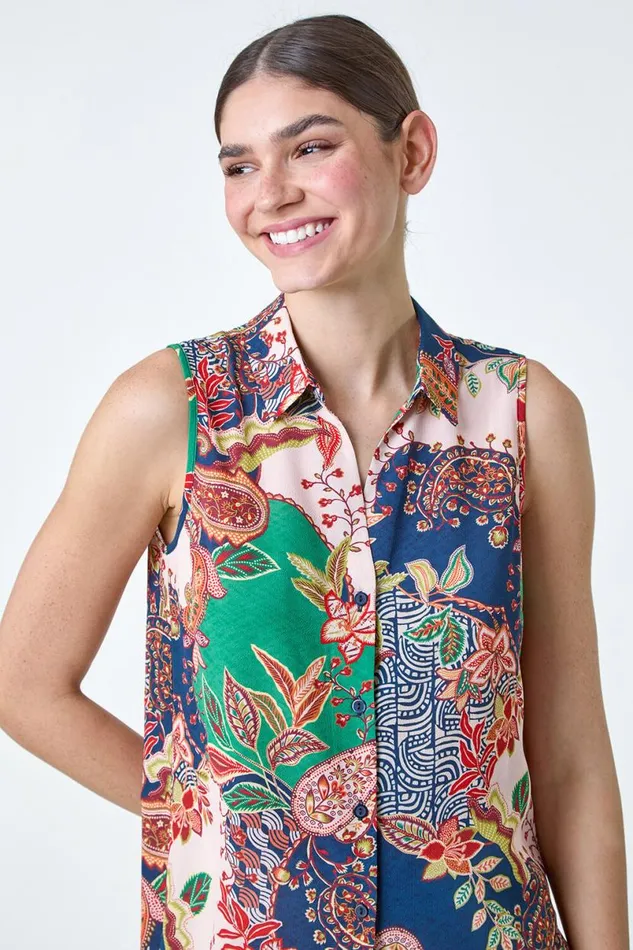 Green Paisley Floral Print Sleeveless Button Blouse Women Roman Tops