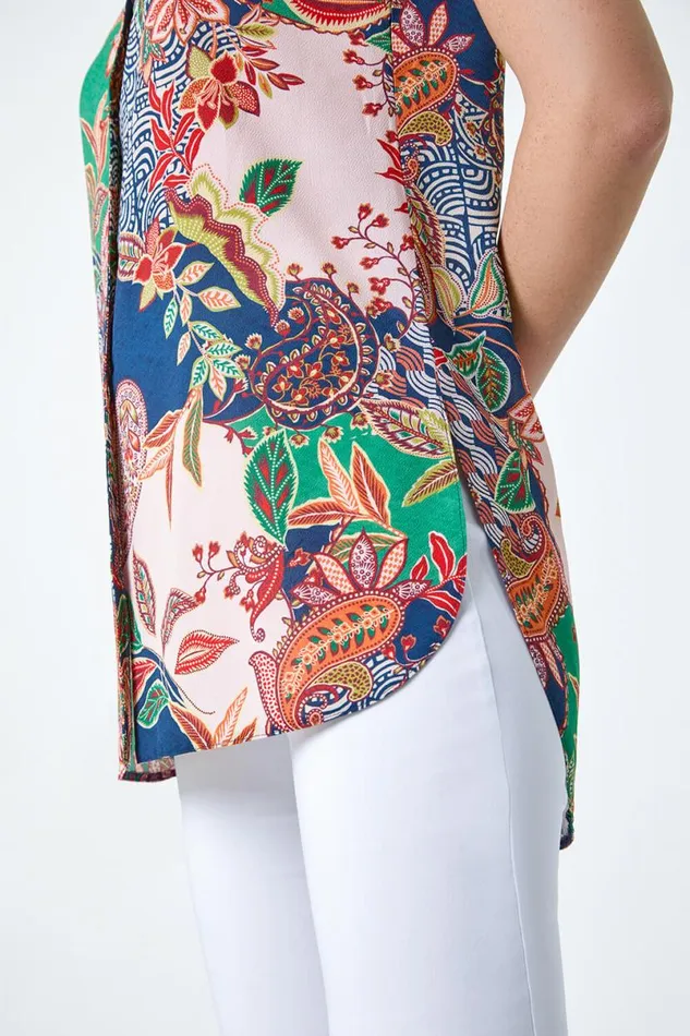 Green Paisley Floral Print Sleeveless Button Blouse Women Roman Tops