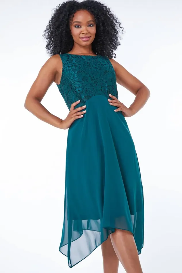 Green Petite Lace Bodice Chiffon Dress Women Roman Dresses