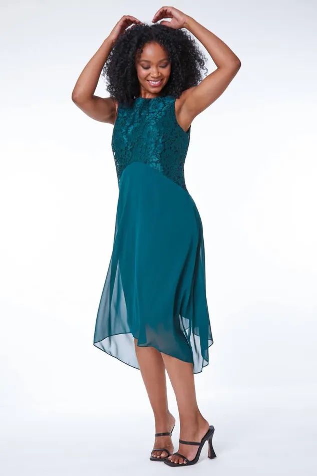 Green Petite Lace Bodice Chiffon Dress Women Roman Dresses