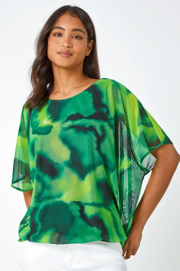 Green Printed Mesh Overlay Batwing Top Women Roman Tops