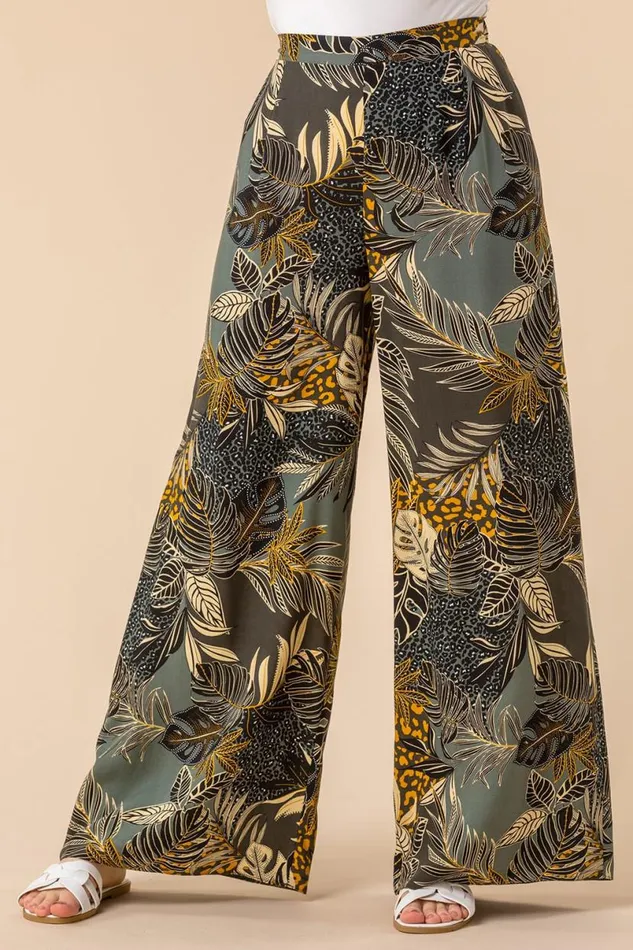 Green Tropical Print Elastic Waist Wide Leg Trouser Women Roman Trousers