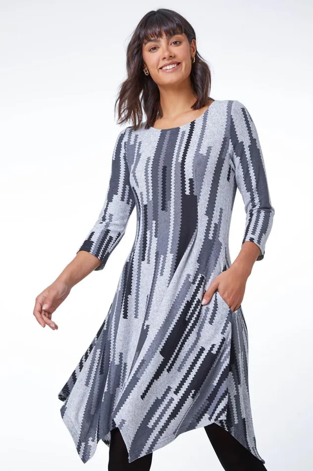 Grey Abstract Stripe Hanky Hem Swing Dress Women Roman Dresses