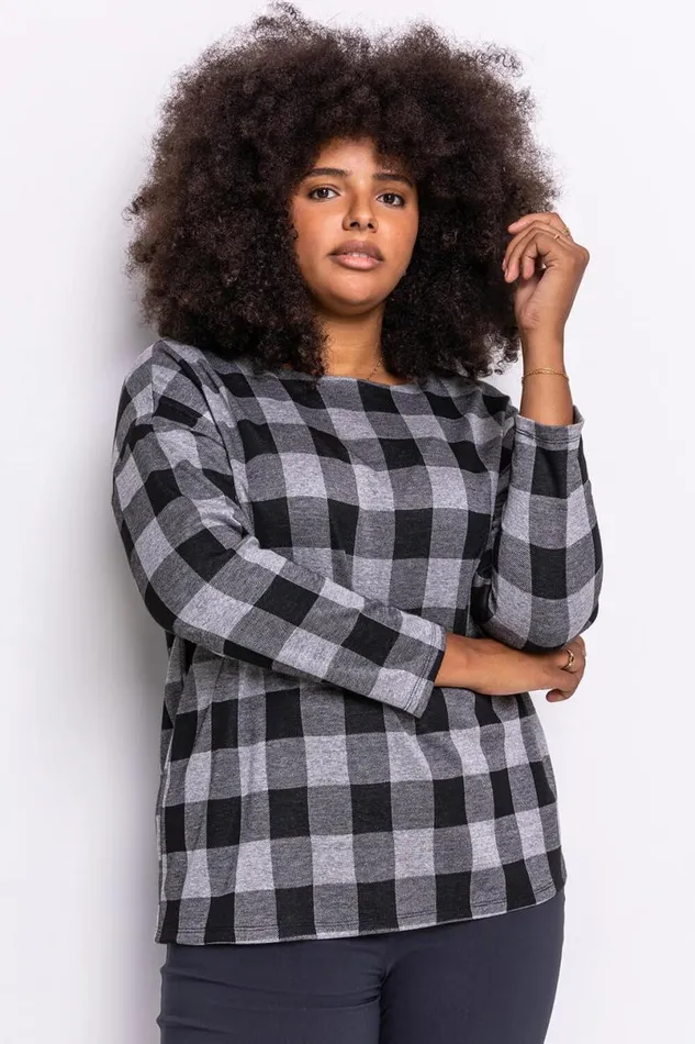 Grey Curve Check Print Long Sleeve Top Women Roman Tops