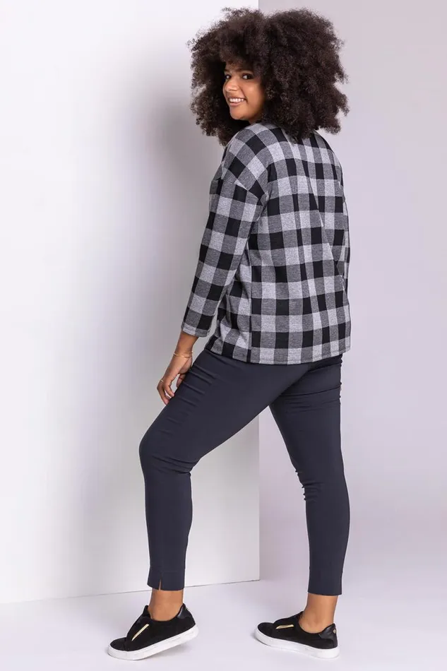 Grey Curve Check Print Long Sleeve Top Women Roman Tops