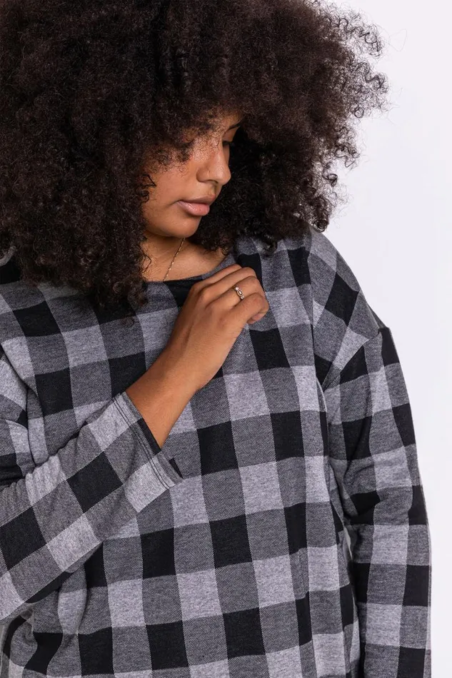 Grey Curve Check Print Long Sleeve Top Women Roman Tops
