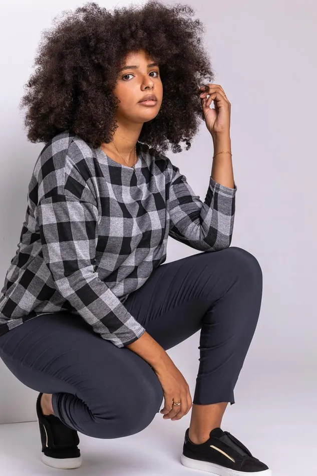 Grey Curve Check Print Long Sleeve Top Women Roman Tops