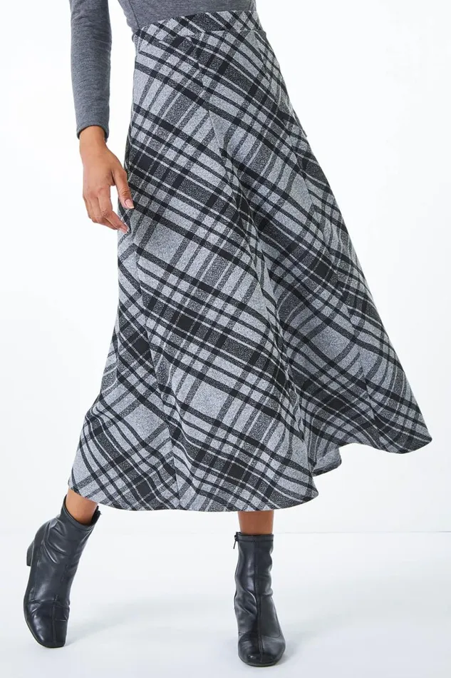 Grey Elastic Waist Check Print Stretch Skirt Women Roman Skirts