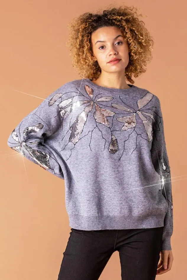 Grey Floral Sequin Embellished Jumper Women Roman Knitwear