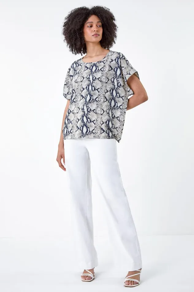 Grey Snake Print Woven Top Women Roman Tops