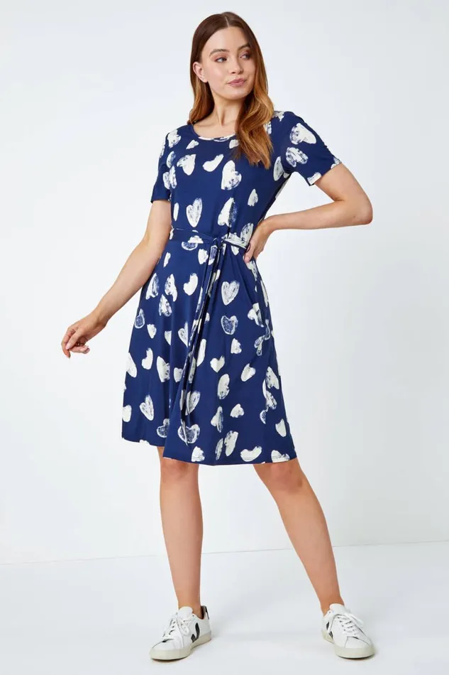 Heart Print Stretch Jersey Skater Dress Women Roman Dresses