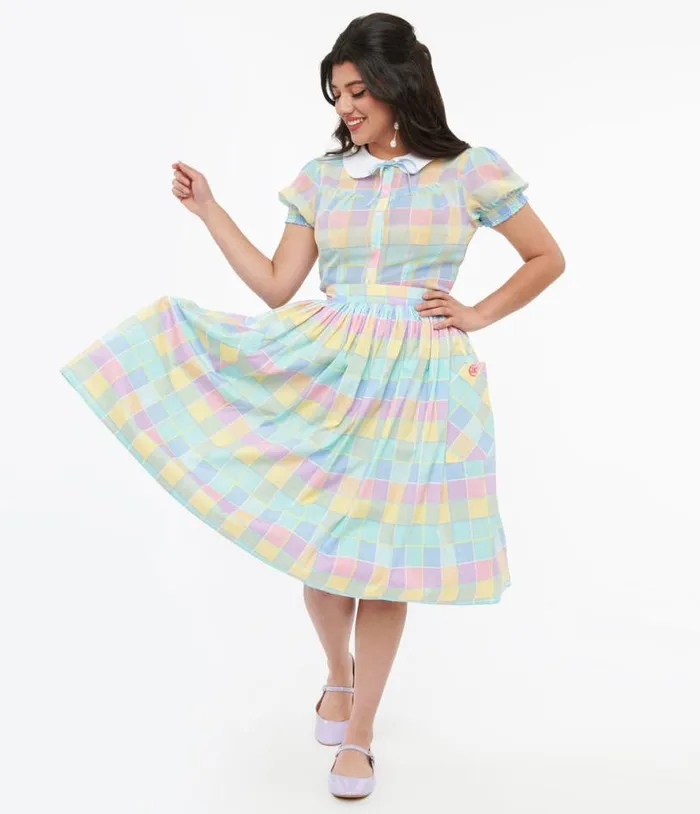 Hell Bunny 1950s Pastel Check Cotton Skye Swing Skirt Clothing Unique Vintage Skirts Hell Bunny 1950s Pastel Check Cotton Skye Swing Skirt Clothing Unique Vintage Skirts