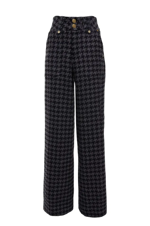 Holland Cooper High Waisted Straight Trouser Large Scale Charcoal Houndstooth Women Tailoring Holland Cooper High Waisted Straight Trouser Large Scale Charcoal Houndstooth Women Tailoring