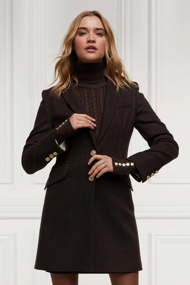 Holland Cooper Highgrove Coat Chocolate Herringbone Women Tailoring