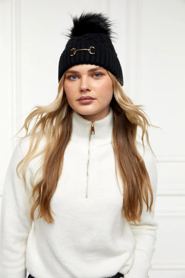 Holland Cooper Horsebit Bobble Hat Black Women Hats and Headbands Holland Cooper Horsebit Bobble Hat Black Women Hats and Headbands