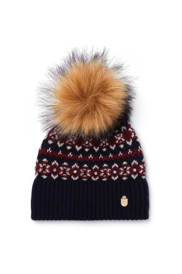 Holland Cooper Jennifer Fairisle Bobble Hat Ink Navy Women Headwear