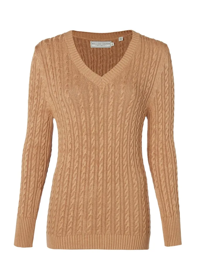 Holland Cooper Seattle VNeck Knit Dark Camel Women Knitwear