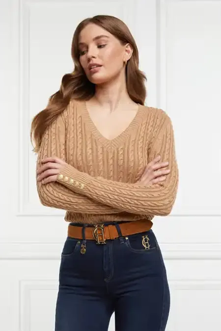Holland Cooper Seattle VNeck Knit Dark Camel Women Knitwear