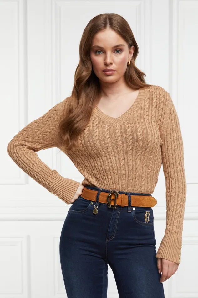 Holland Cooper Seattle VNeck Knit Dark Camel Women Knitwear