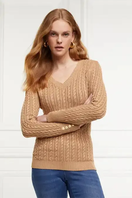 Holland Cooper Seattle VNeck Knit Dark Camel Women Knitwear