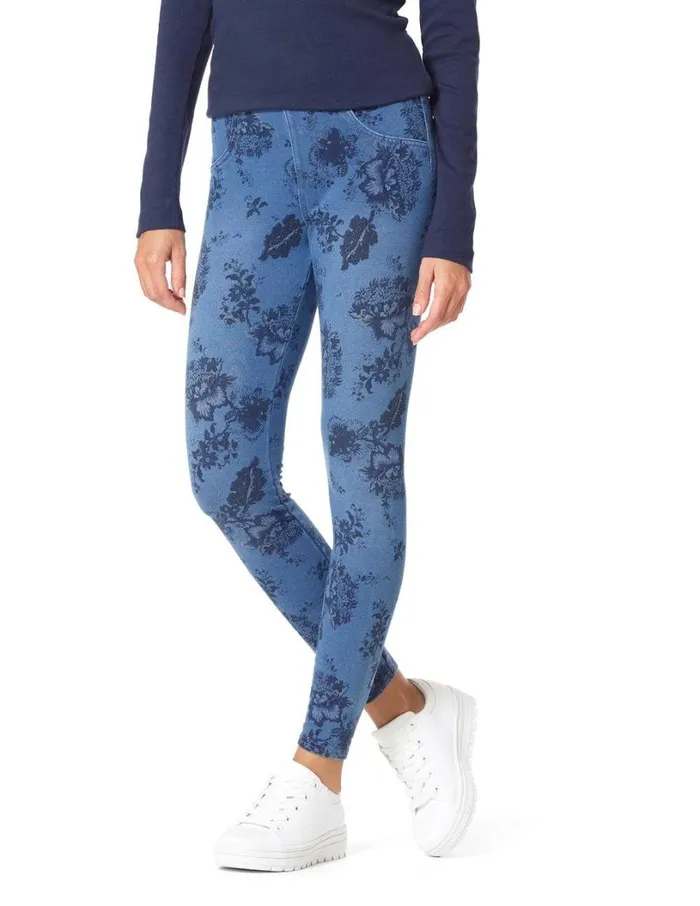 Hue Floral Game Changing Denim High Rise Leggings Classic Light Wash Women Denim