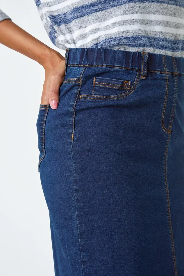 Indigo Cotton Denim Stretch A Line Skirt Women Roman Skirts