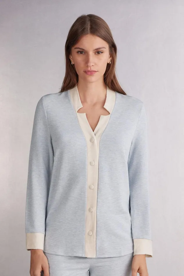 Intimissimi Long Pajamas Women Cold Winter Night Button Up Top In Modal With Wool Ivory 776j 8211 Azzurro Melangeseta Intimissimi Long Pajamas Women Cold Winter Night Button Up Top In Modal With Wool Ivory 776j 8211 Azzurro Melangeseta