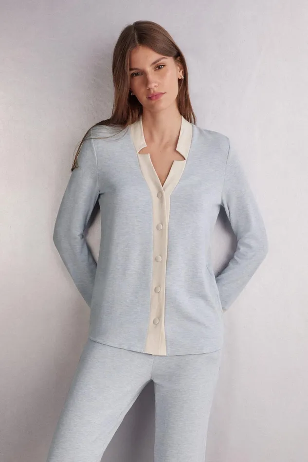 Intimissimi Long Pajamas Women Cold Winter Night Button Up Top In Modal With Wool Ivory 776j 8211 Azzurro Melangeseta