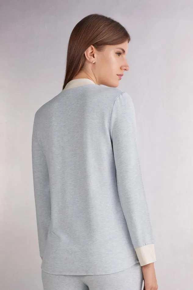 Intimissimi Long Pajamas Women Cold Winter Night Button Up Top In Modal With Wool Ivory 776j 8211 Azzurro Melangeseta