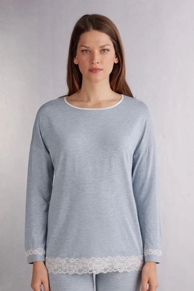 Intimissimi Long Pajamas Women LongSleeve RoundNeck Modal Top Light Blue 009j 8211 Heathered Light Blue Intimissimi Long Pajamas Women LongSleeve RoundNeck Modal Top Light Blue 009j 8211 Heathered Light Blue