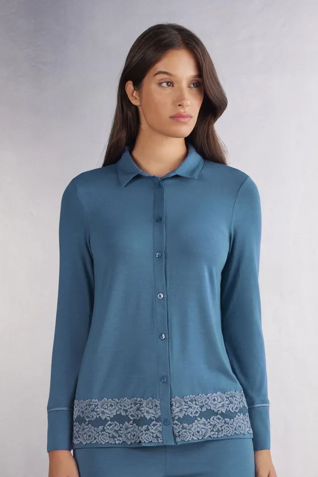 Intimissimi Long Pajamas Women Pretty Flowers Button Up Shirt In Modal Blue 658j 8211 Lapis Blue Intimissimi Long Pajamas Women Pretty Flowers Button Up Shirt In Modal Blue 658j 8211 Lapis Blue