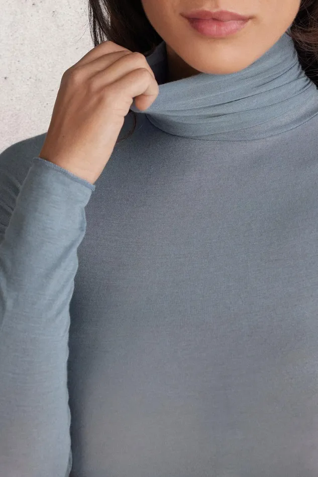 Intimissimi Long Sleeve Tops Women Modal Cashmere Ultralight HighNeck Top Blue 850j 8211 Ash Blue