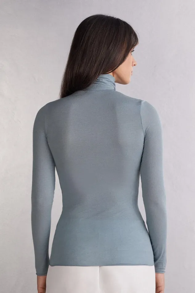 Intimissimi Long Sleeve Tops Women Modal Cashmere Ultralight HighNeck Top Blue 850j 8211 Ash Blue