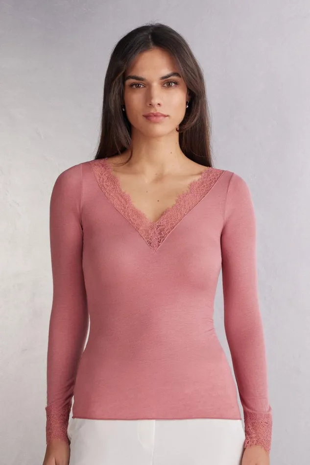 Intimissimi Long Sleeve Tops Women Modal Cashmere Ultralight Long Lace Shirt Pink 849j 8211 Garden Rose Intimissimi Long Sleeve Tops Women Modal Cashmere Ultralight Long Lace Shirt Pink 849j 8211 Garden Rose