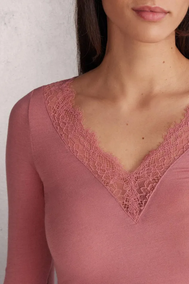 Intimissimi Long Sleeve Tops Women Modal Cashmere Ultralight Long Lace Shirt Pink 849j 8211 Garden Rose